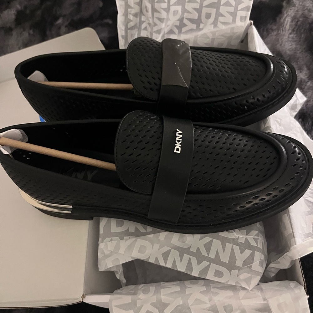 DKNY Black Perforated Slip-On Loafers with Metallic Accent
